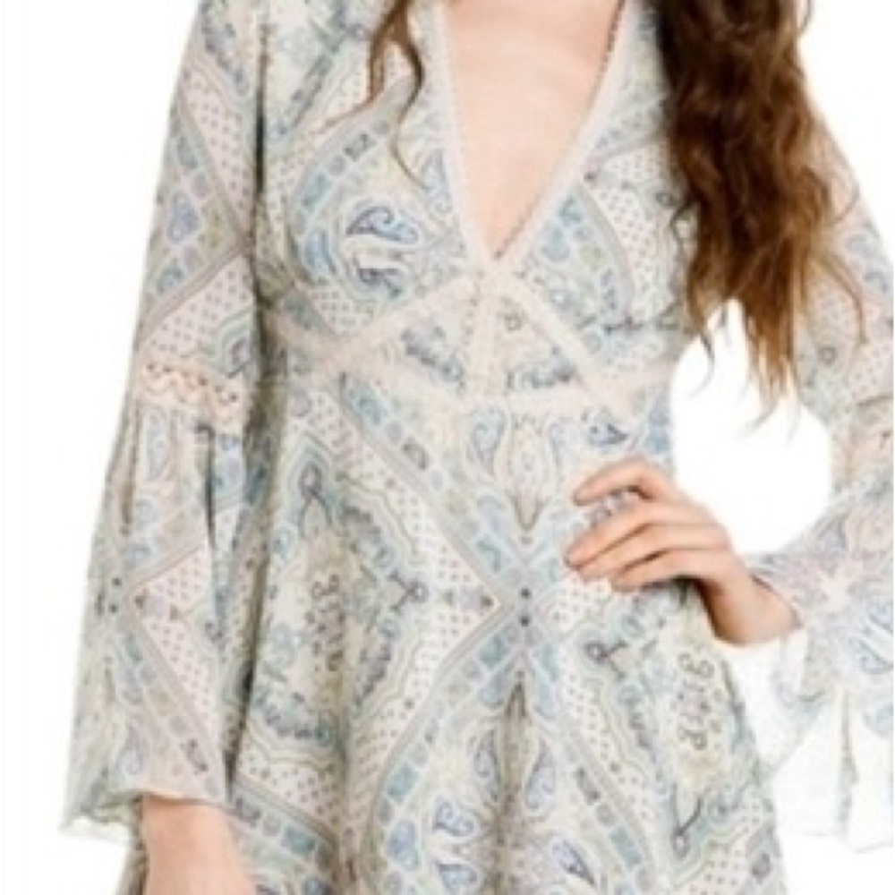Free People Light Blue Paisley V-Neck Bell Sleeve Tunic